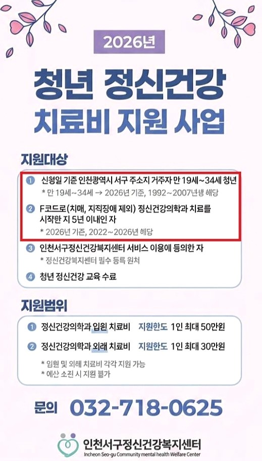 인천 마음 정신의료비 지원사업｜정신과 외래 진료비·통원 치료비 지원금